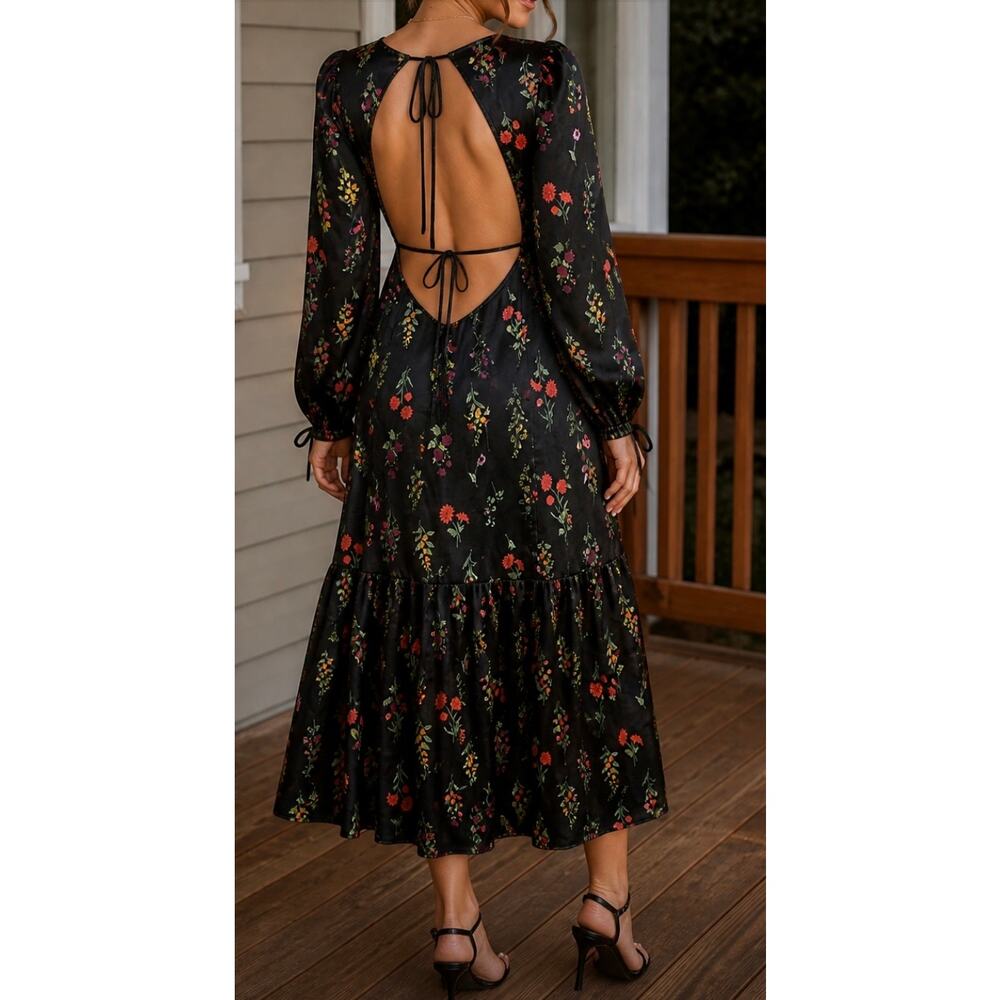 ASOS Floral Midi Dress Open Back Long Sleeve Black Cottagecore Boho 6